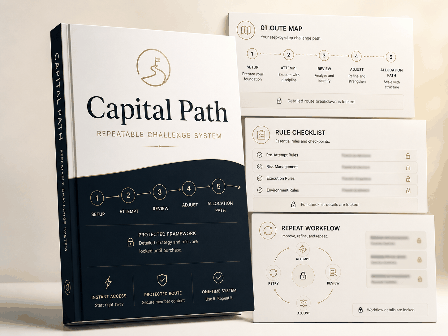 Capital Path Guide mockup with Route Map, Rule Checklist, and Repeat Workflow previews