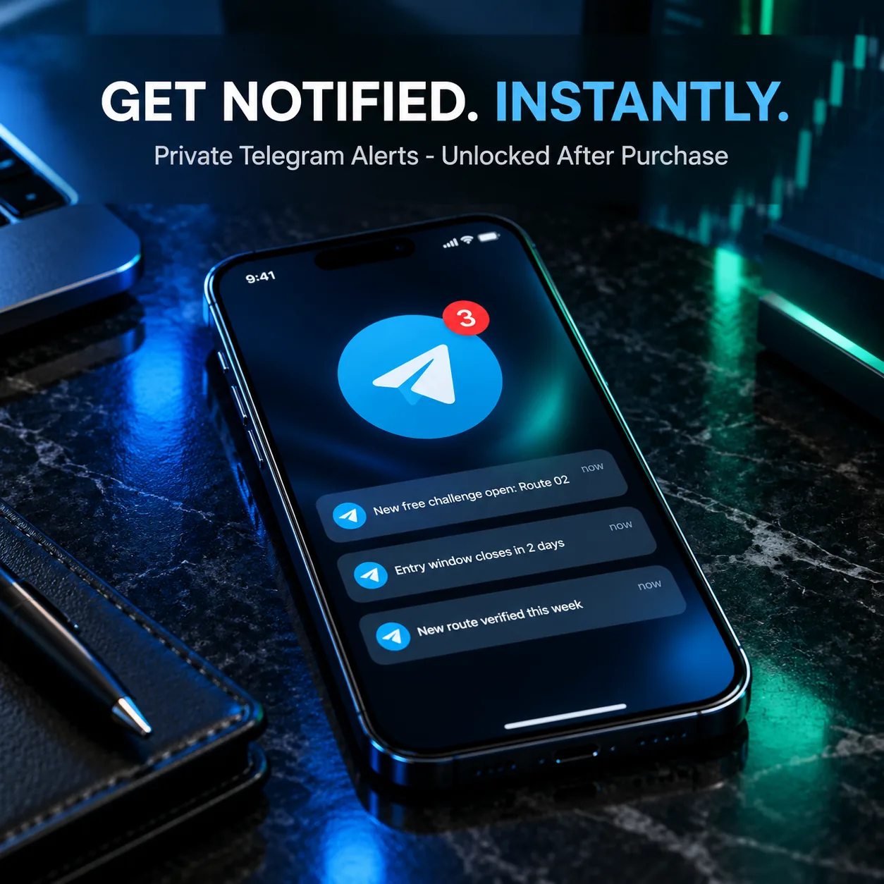 Private Telegram channel showing an instant free-challenge alert notification
