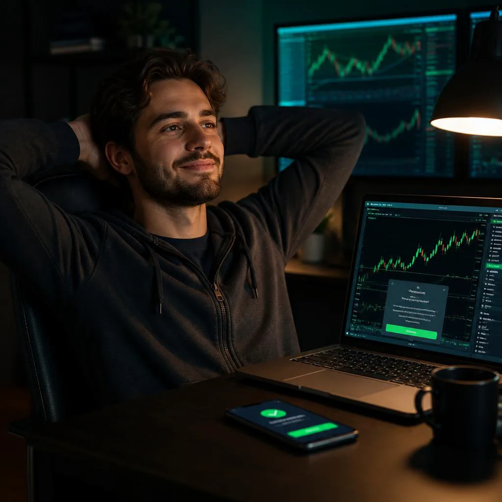 Relieved trader at his desk after escaping the paid retry loop